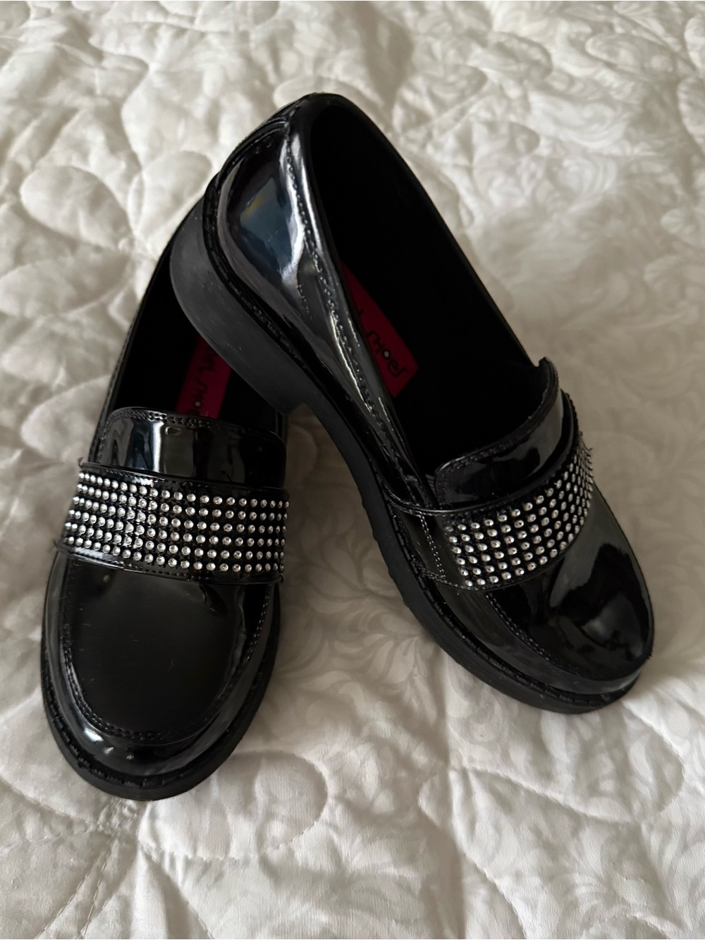 Rachel Shoes Black Patent Loafers with Silver Stud Band - Kids